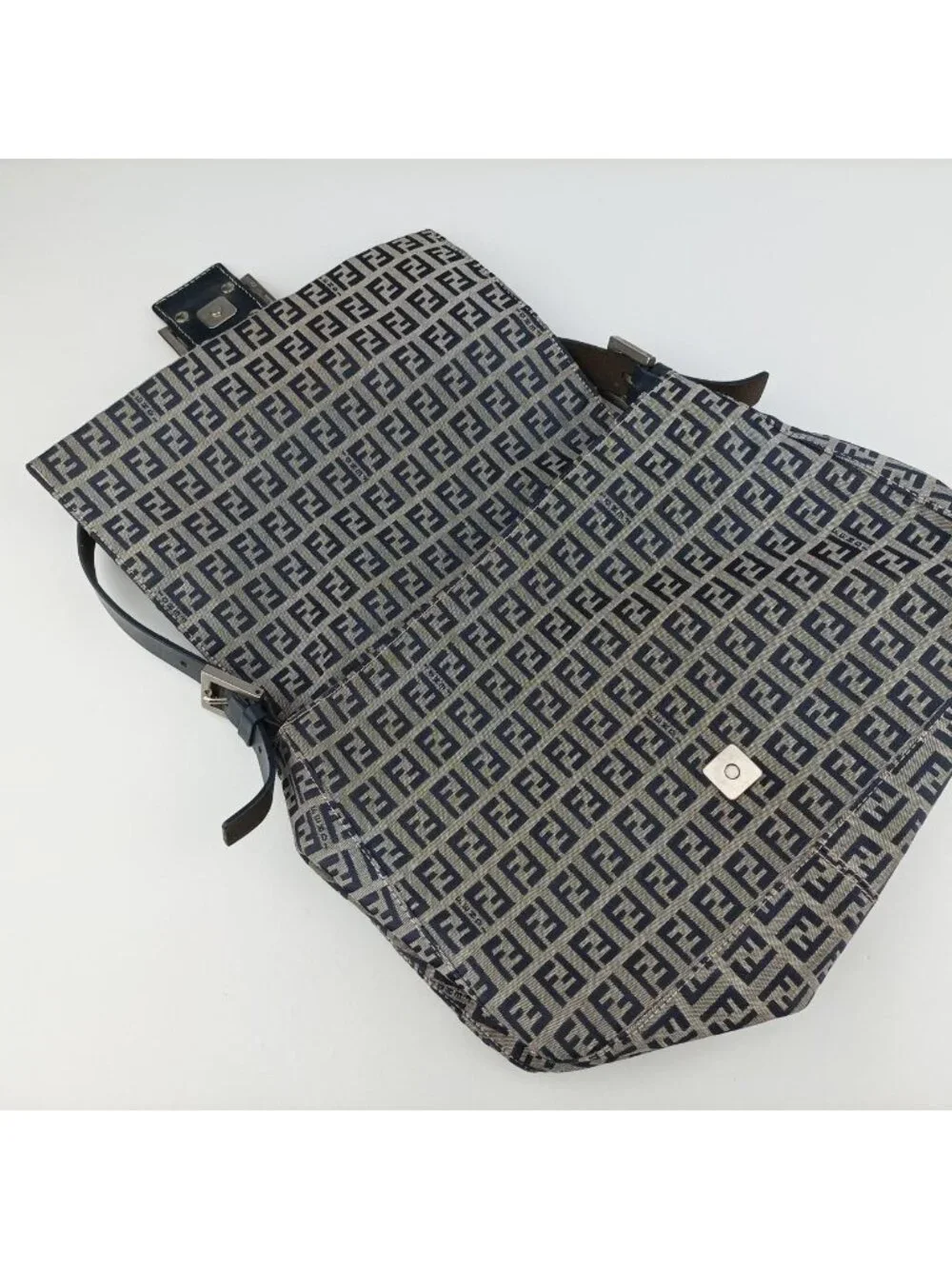 Fendi Mamma Bucket Zucchino Pattern Navy Gray Canvas Leather Shoulder